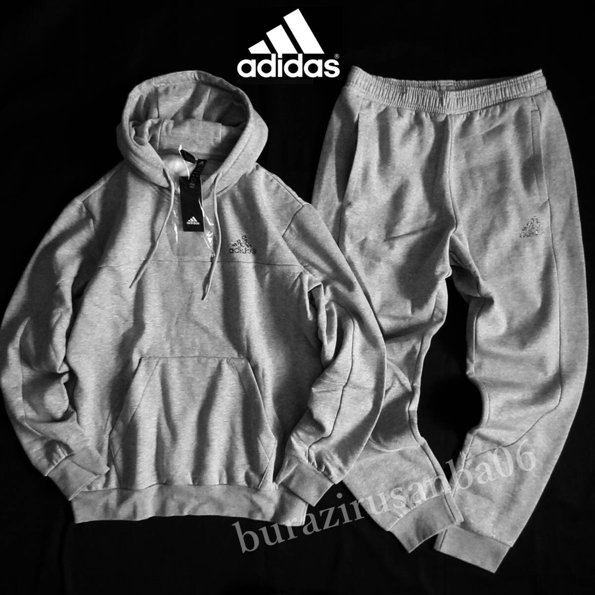 メンズ XL◆未使用 定価1.2万 adidasアディダス スウェット 裏フリース 上下 プルオーバー パーカー スウェットパンツ セットアップ グレー_画像1