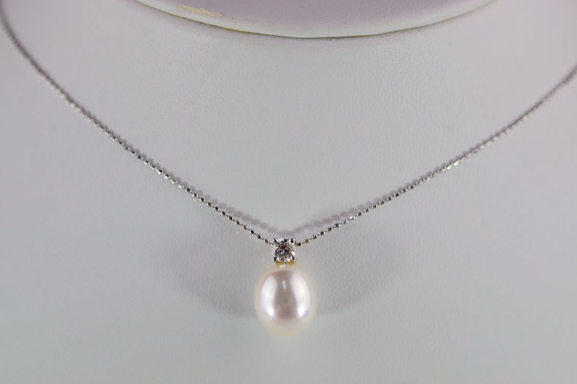 Ｎ23　美品　天然真珠１２×９．８ｍｍ　ダイヤ０．２０ｃｔ　ｐｔ９００/Ｋ１８ＷＧ ネックレス