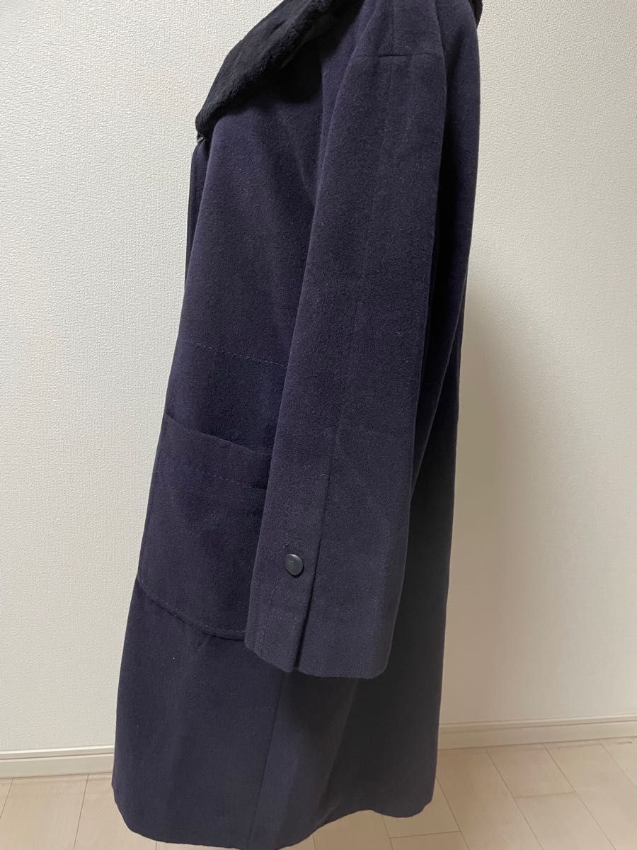 美品 レリアン ロングコート 9号 紺色 アンゴラ ボア付き 日本製 