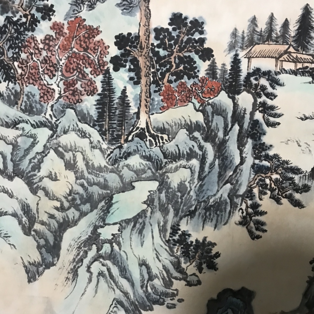 旧蔵 中国近現代国画家【張大千】山水画 純手繪 中堂画 宣紙 挂軸 稀少珍品 古美術品 古美味 L0309_画像7