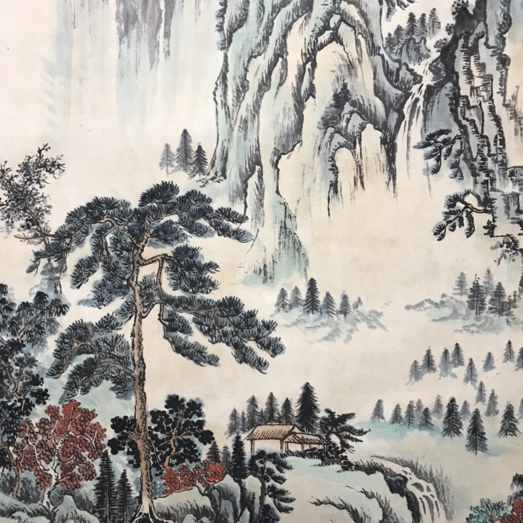 旧蔵 中国近現代国画家【張大千】山水画 純手繪 中堂画 宣紙 挂軸 稀少珍品 古美術品 古美味 L0309_画像9