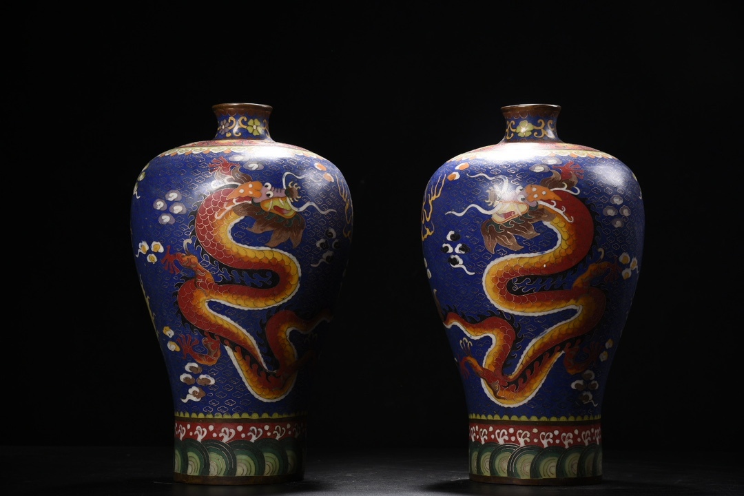 旧蔵 清 銅製 景泰藍 龍鳳紋 梅瓶ペア 極細工稀少珍品 古美術品 L0307