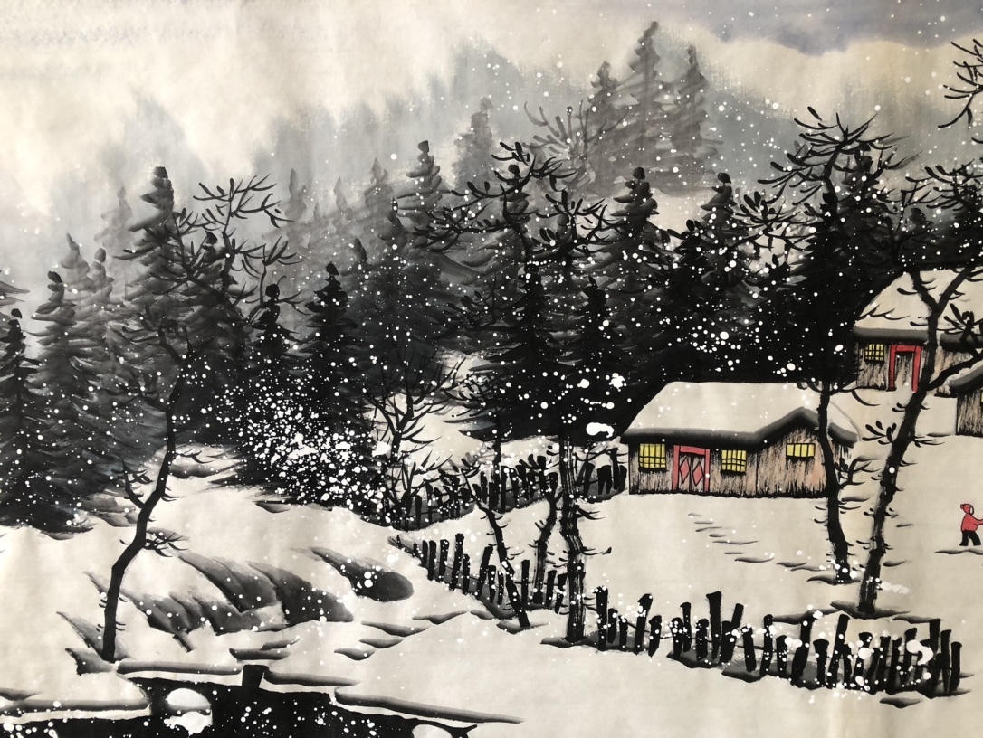 旧蔵 中国現代画家【呉冠中】雪景画 横幅 純手繪画 古美術品 古美味 L0327_画像5