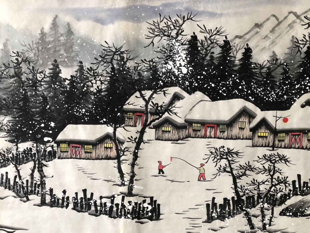 旧蔵 中国現代画家【呉冠中】雪景画 横幅 純手繪画 古美術品 古美味 L0327_画像6