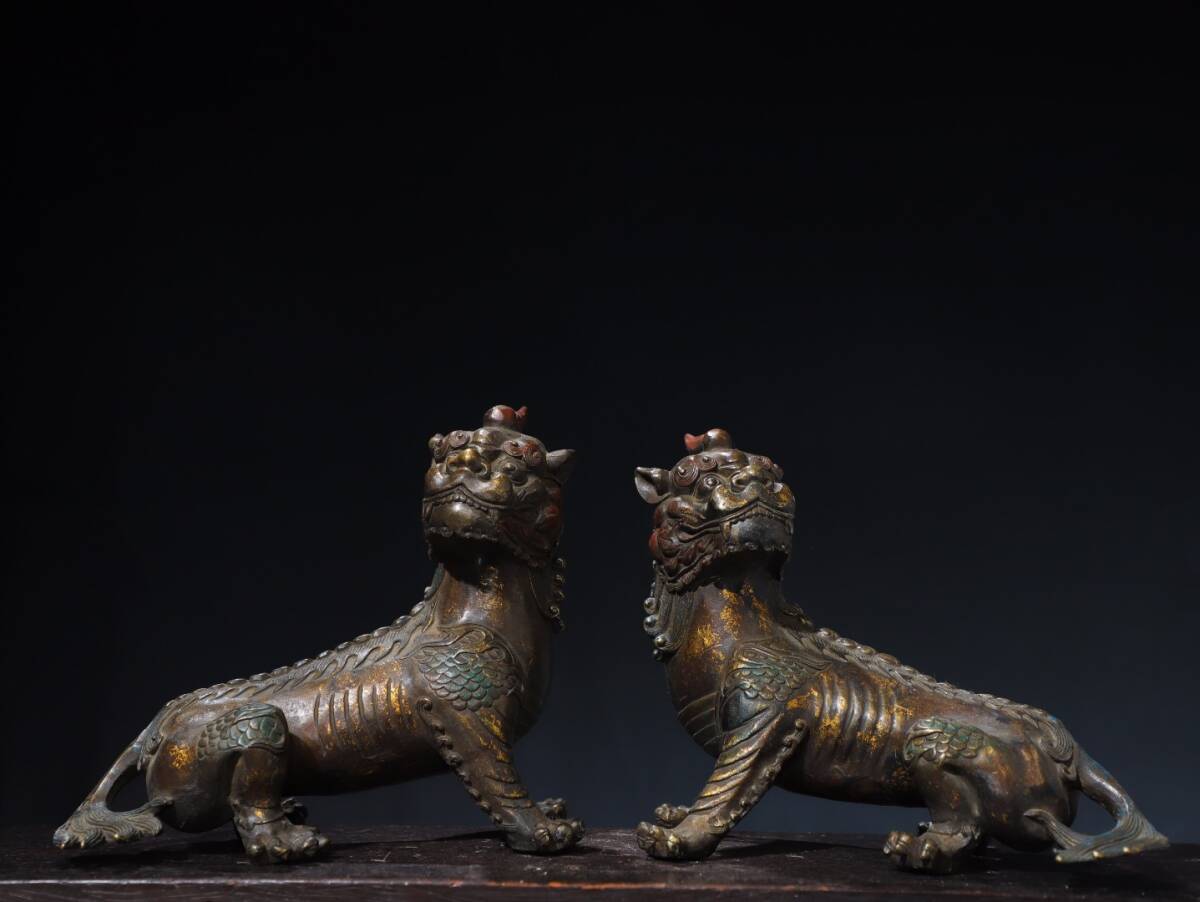 旧蔵 清時代 銅製 銅拓金【諦聴獣】一對 極細工 稀少珍品 古美術品 古美味 L0328
