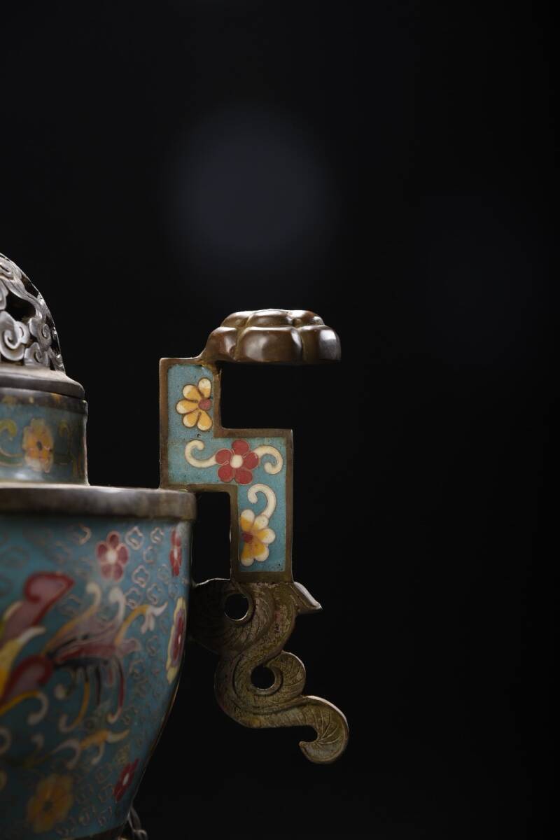 旧蔵 清 銅胎 景泰藍 獣ボタン如意耳 三足香薫炉 工芸品 Z0303_画像3
