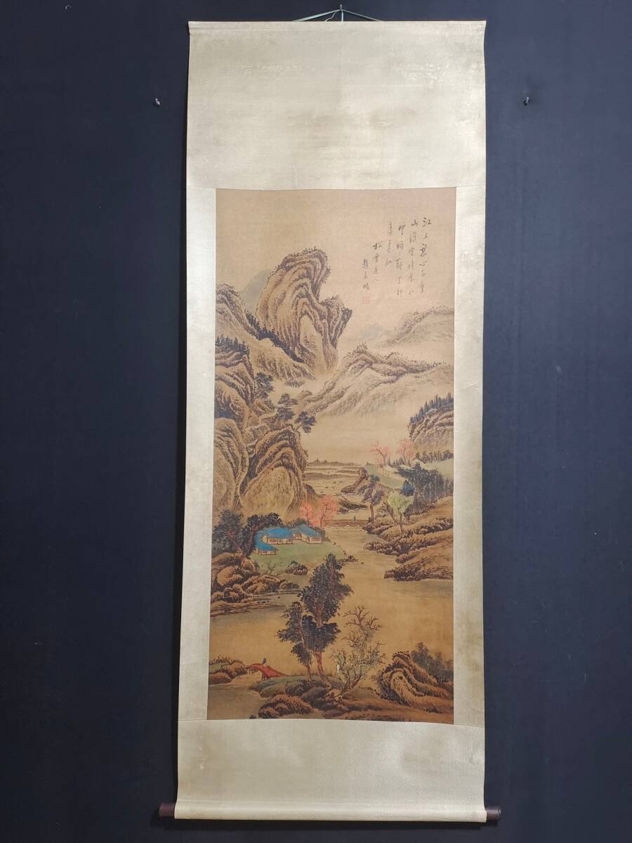 旧蔵 宋室の後 畫家【趙孟λ】山水画 手繪画 中堂画 絹本 挂軸 古美術品 古美味 L0317_画像1