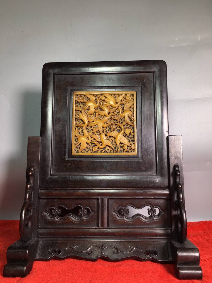 旧蔵 清時代 檀木+古玉 插屏 極細工 稀少珍品 L0320