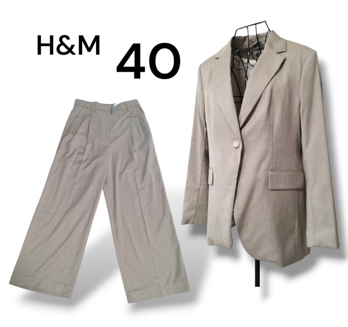美品　H＆M　 パンツスーツ テーラードジャケット セットアップ上下セット　 ベージュ系 ワイドパンツ　40サイズ　入学式　卒業式