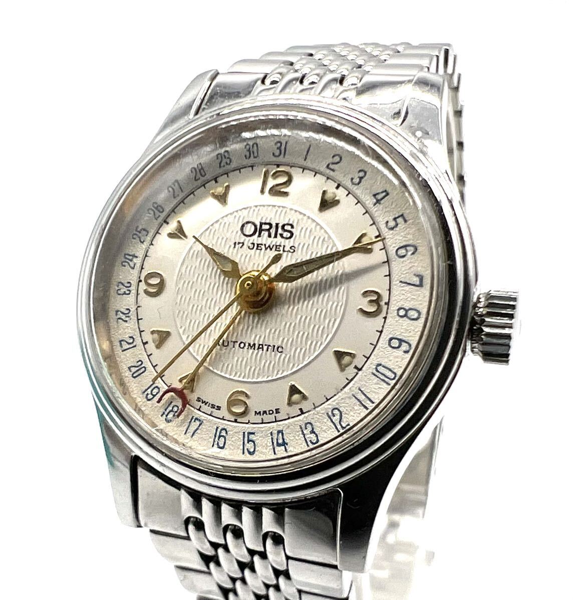 稼働品! ORIS オリス 7405 B ポインターデイト AT 自動巻き デイト 17石 裏スケ 腕時計 SS シルバー 純正ブレス _画像1