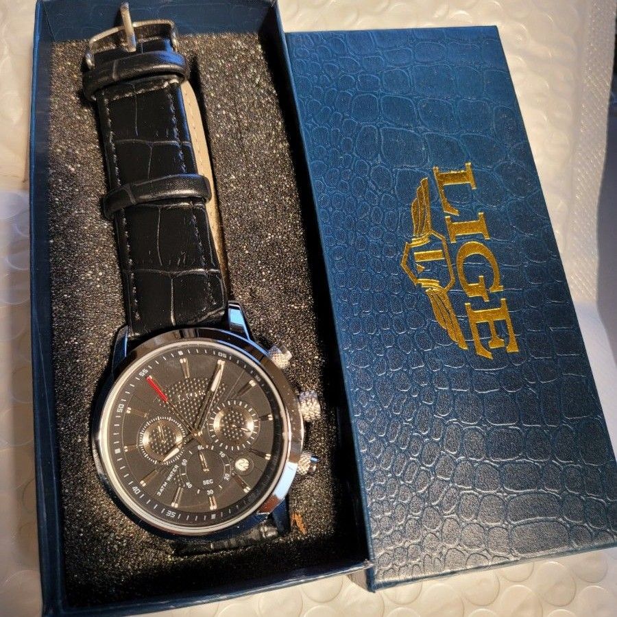 LIGE トリプルカレンダー 腕時計 クォーツ ブラック