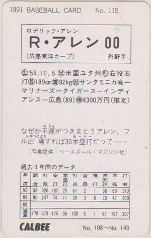 ★トレーディングカード★1991カルビープロ野球チップス【#115 R・アレン】★の画像2