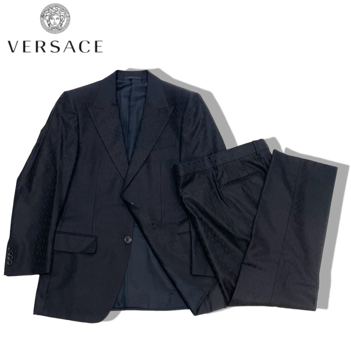 国内正規品 Versace ヴェルサーチ 282BVH シルク混 2B スーツ ドット ストライプ テーラードジャケット スラックスパンツ メデューサ 46 黒_画像1