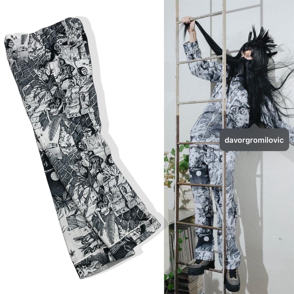 新品 正規品 BRAIN DEAD ブレイン デッド 21ss WILD THINGS PAJAMA ワイルド シングス パジャマ アート パンツ L ブラック×ホワイト_画像2