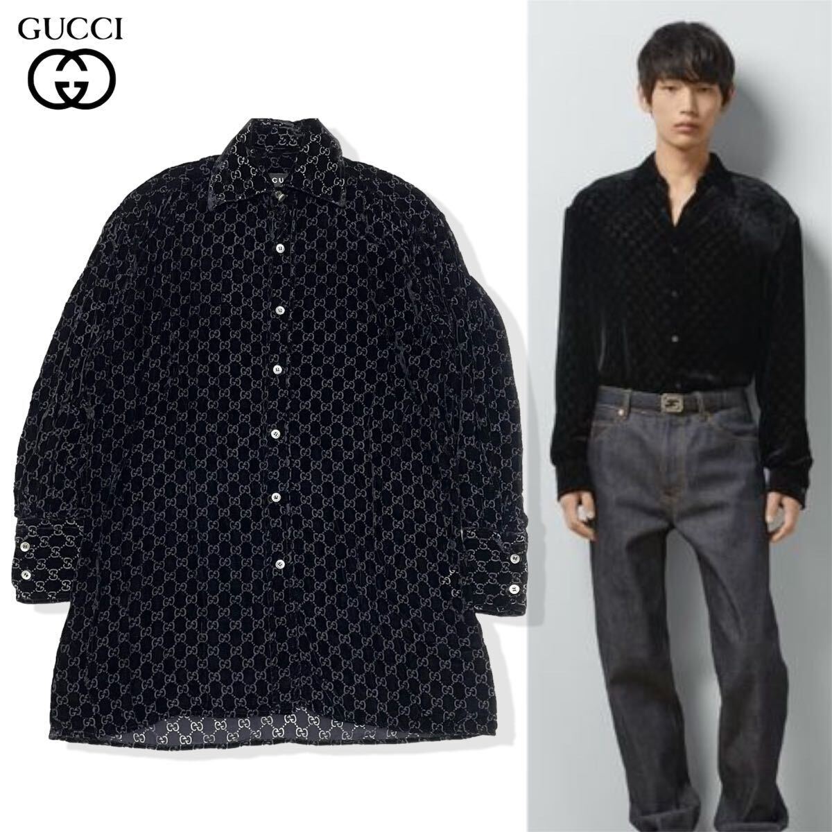 正規品 アーカイブ GUCCI グッチ トムフォード期 GG LOGO VELVET L/S SHIRT シルク混 GGロゴ ベルベット ベロア ドレスシャツブラック_画像2