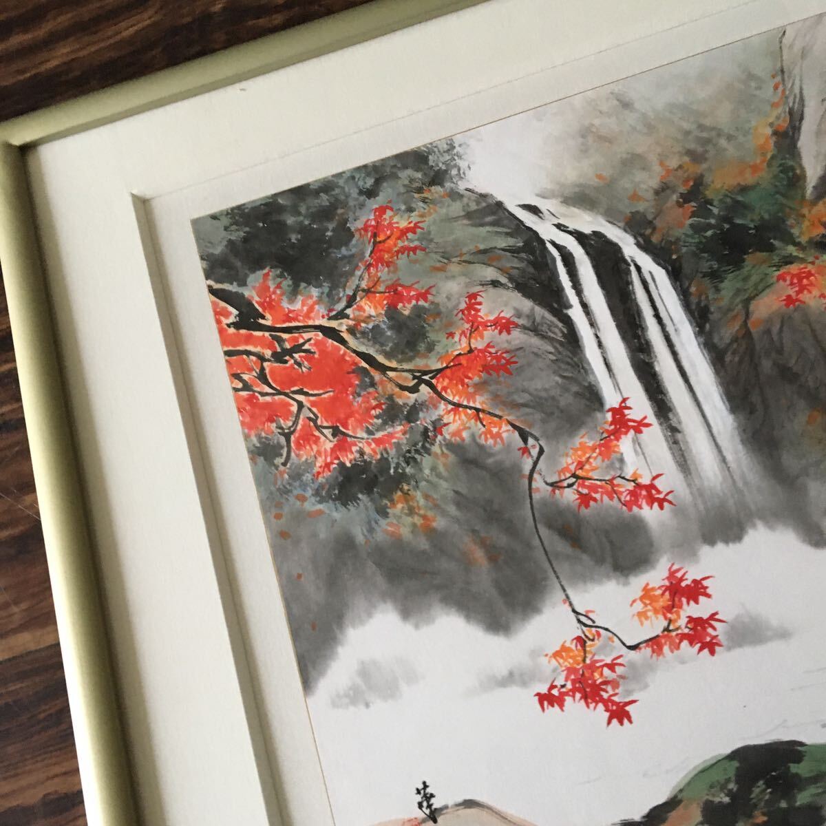 水墨画 在銘 華延 肉筆 真作 額装 風景画 中国画 山水画 紅葉 瀧 絵画 C-3_画像6