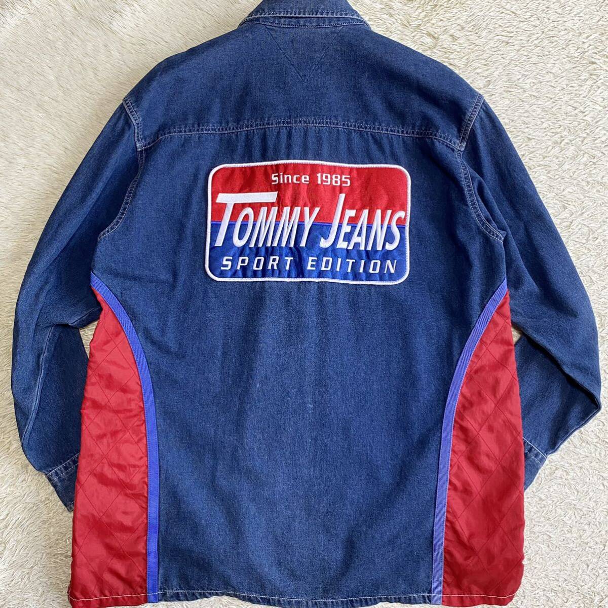 【希少デザイン 美品】トミージーンズ TOMMY JEANS デニム ジャケット XLサイズ相当 切替 ジップ キルティング インディゴブルー メンズ_画像1