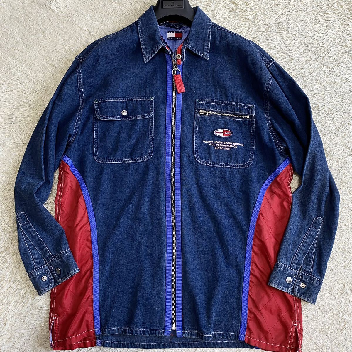 【希少デザイン 美品】トミージーンズ TOMMY JEANS デニム ジャケット XLサイズ相当 切替 ジップ キルティング インディゴブルー メンズ_画像2