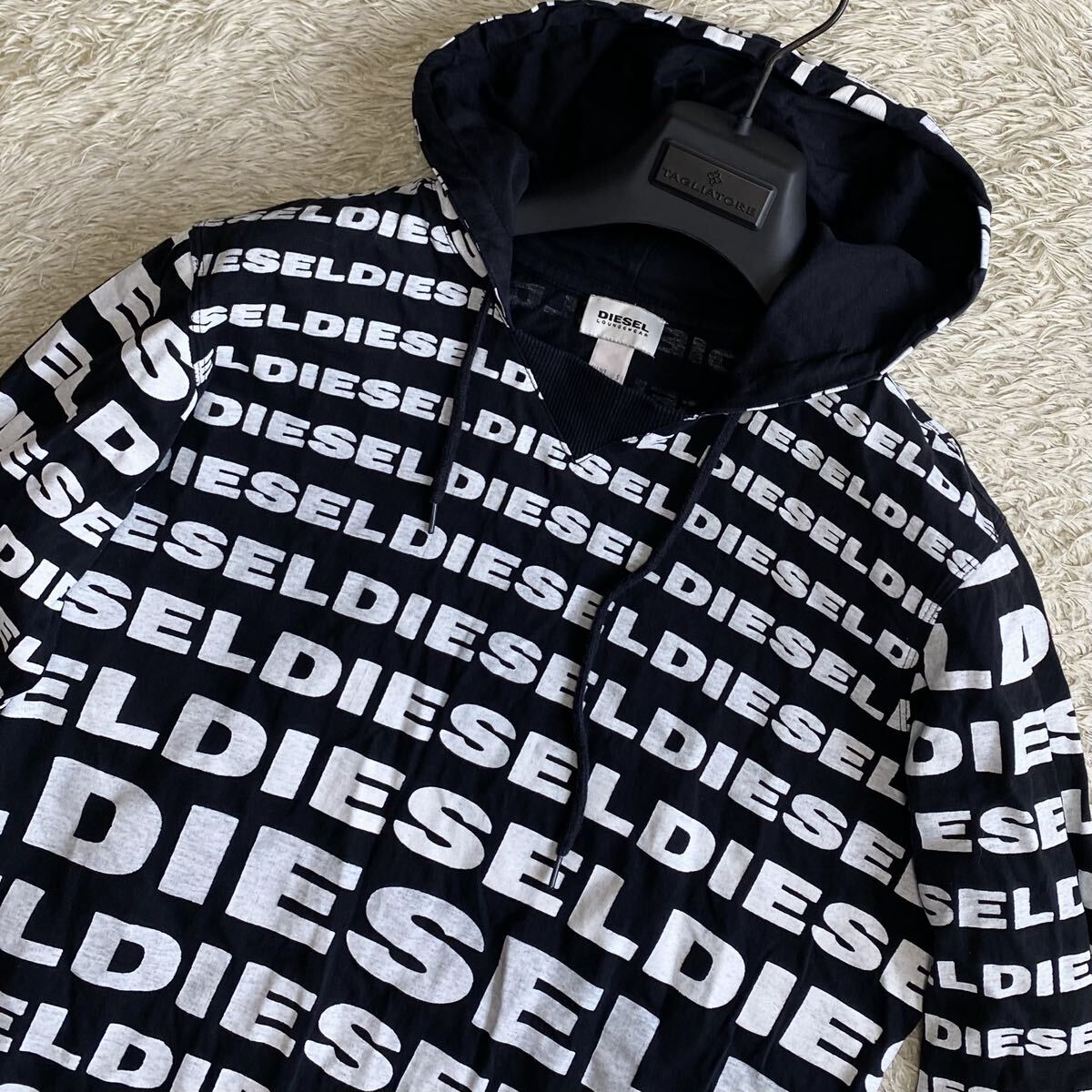 【希少】ディーゼル DIESEL セットアップ S位 ジャージ パーカー ジャケット ストレッチ パンツ ロゴ総柄 フード ブラック ホワイト メンズの画像3