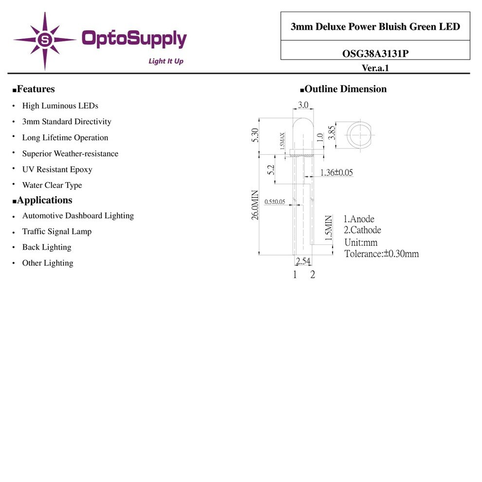 LED 3mm 砲弾型 Pure Bluish Green OptoSupply Deluxe Power 30000mcd 50mA OSG38A3131P 10個_画像4