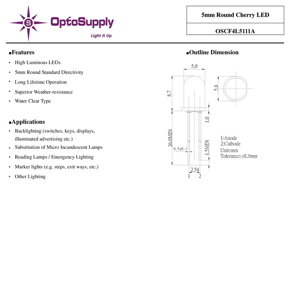 LED 発光ダイオード 5mm 砲弾型 Cherry OptoSupply 30mA 15deg OSCF4L5111A 20個_画像4