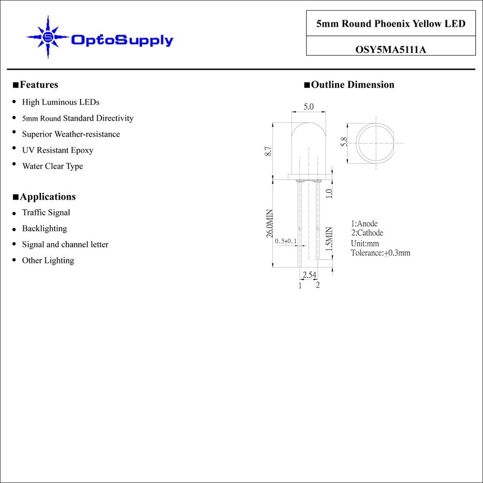LED 発光ダイオード 5mm 砲弾型 黄色 OptoSupply 25000-30000mcd OSY5MA5111A 20個_画像4
