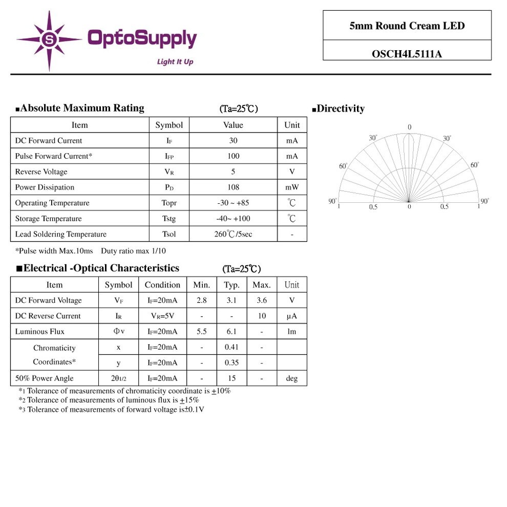 LED  свечение ... IO ... 5mm ... модель   Cream OptoSupply 30mA 15deg OSCH4L5111A 20 штука  