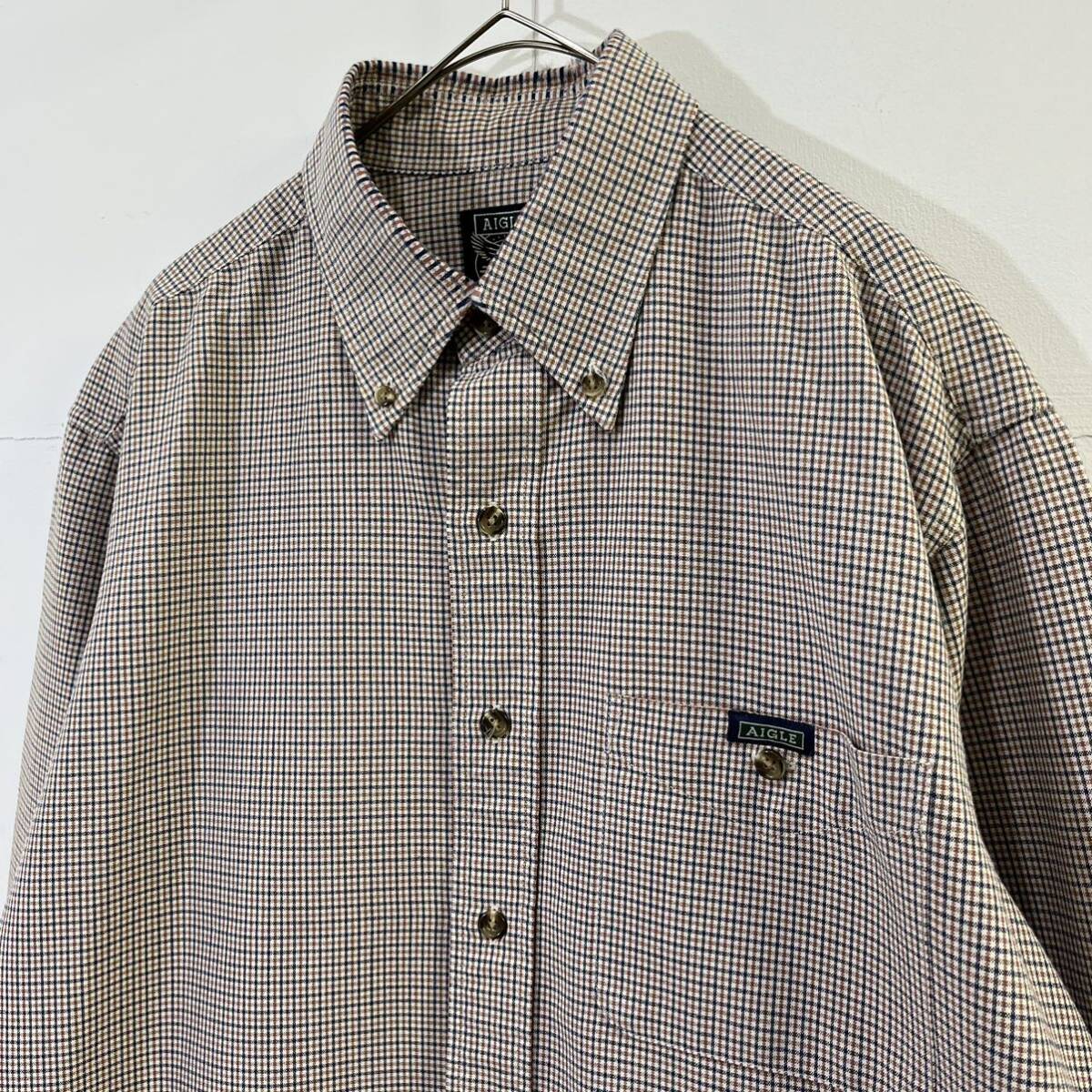 AIGLE button down shirt BD shirt check shirt check pattern total pattern outdoor cotton poly- Aigle [ letter pack post service plus mailing possible ]L