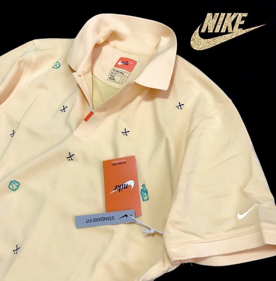 ◆H178新品【メンズM】NIKE GOLF ナイキ ゴルフ 総柄 DRI-FIT 飛び柄 半袖 ポロシャツ ゴールド　ゴルフ_画像1