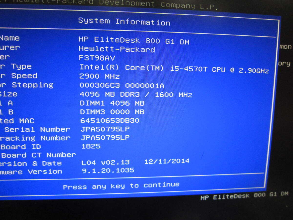 851★HP EliteDesk 800 G1 DM Core i5-4570T HDD/無 メモリ/4GB 小型　BIOS確認_画像2