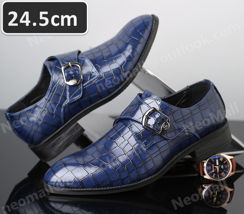 ワニ柄 型押 メンズ ビジネスシューズ ブルー サイズ 24.5cm 革靴 靴 カジュアル 屈曲性 通勤 軽量 インポート品【n036】