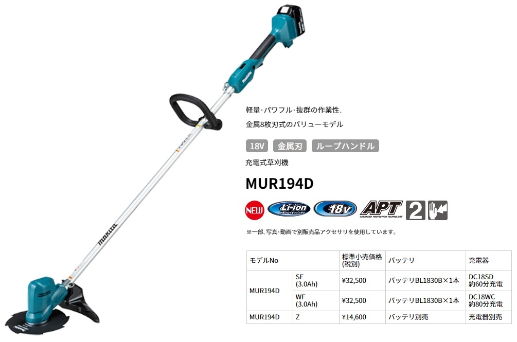 個人宅不可 マキタ 充電式草刈機 MUR194DWF バッテリBL1830B+充電器DC18WC付 刈込幅φ200mm 金属8枚刃式 18V対応 makita 大型製品_画像2