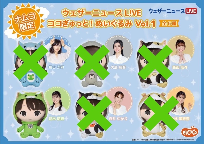 namco限定　ウェザーニュースLiVE　ココぎゅっと！ぬいぐるみ　vol.1 駒木結衣　プライズ景品　株式会社エルココ　ぬいぐるみ_駒木結衣のみの出品です。