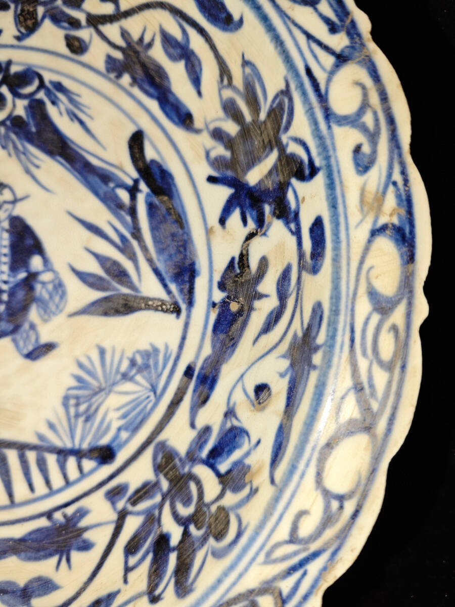 ▽鴻▽ 明 宣德年製款 青花 人物紋 供盤一對 古陶瓷品 置物 古賞物 中国古玩 中国古美術_画像7