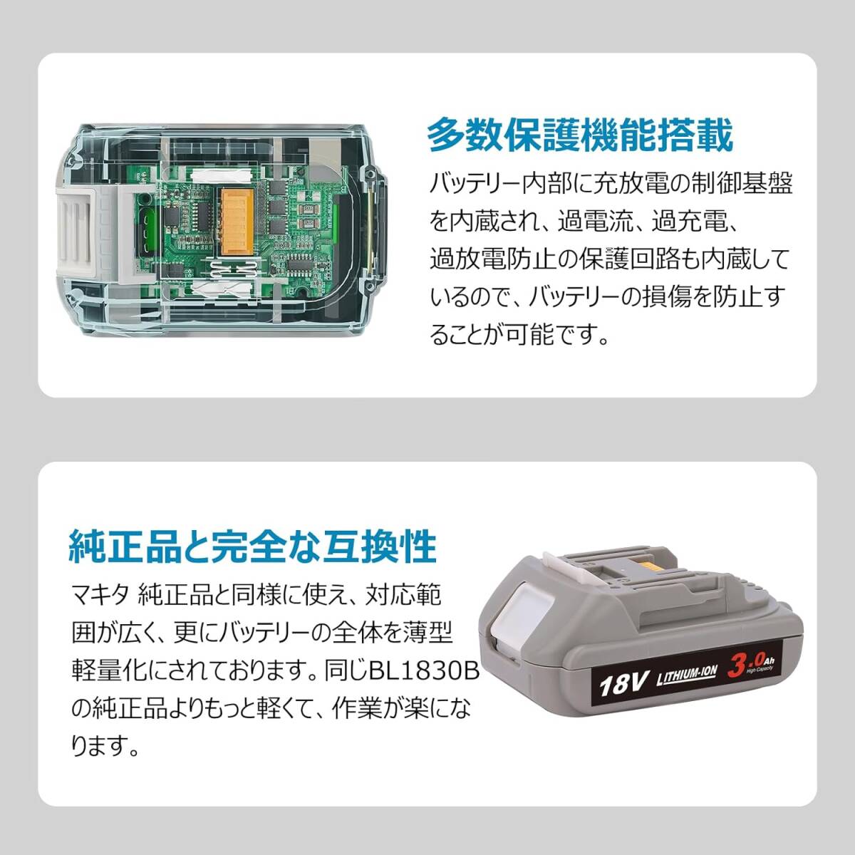 マキタ 18v 互換バッテリー 3000mAh 薄型バッテリー BL1815N BL1820B BL1830B BL1860Bなど LEDランプ残容量表示+自己故障診断搭載の画像3