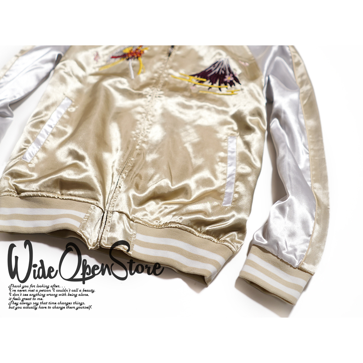 【新品】スカジャン スーベニアジャケット ■ Mサイズ / ベージュ金 舞妓 ■ 和柄 刺繍 サテン SKAb961の画像5
