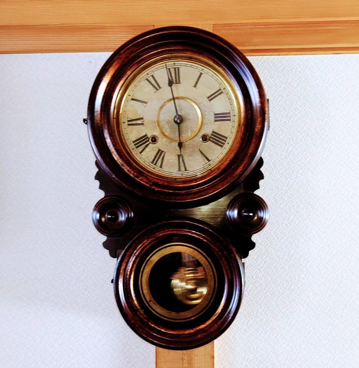 〈完動・美品〉日本時計　張り四ツ丸達磨ゼンマイ振り子時計　アンティーク古時計
