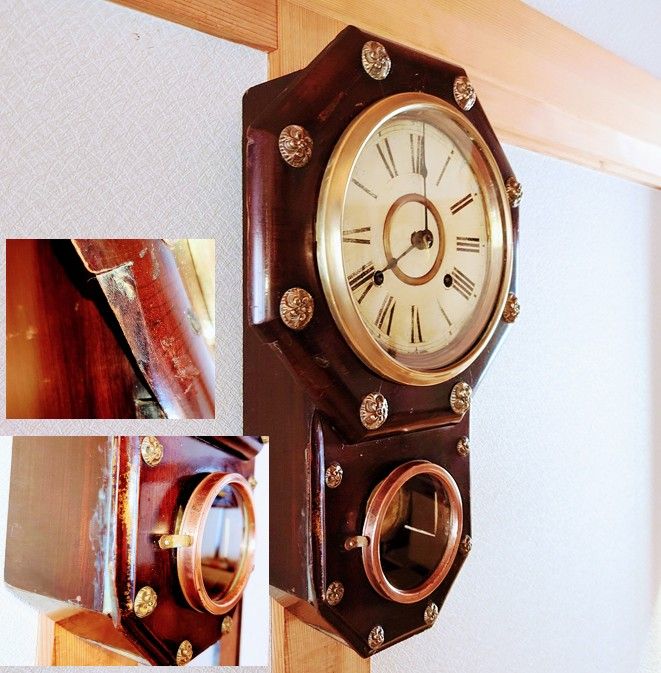 完動・美品〉日本時計 金筋花ボタン八角合長ゼンマイ振り子時計