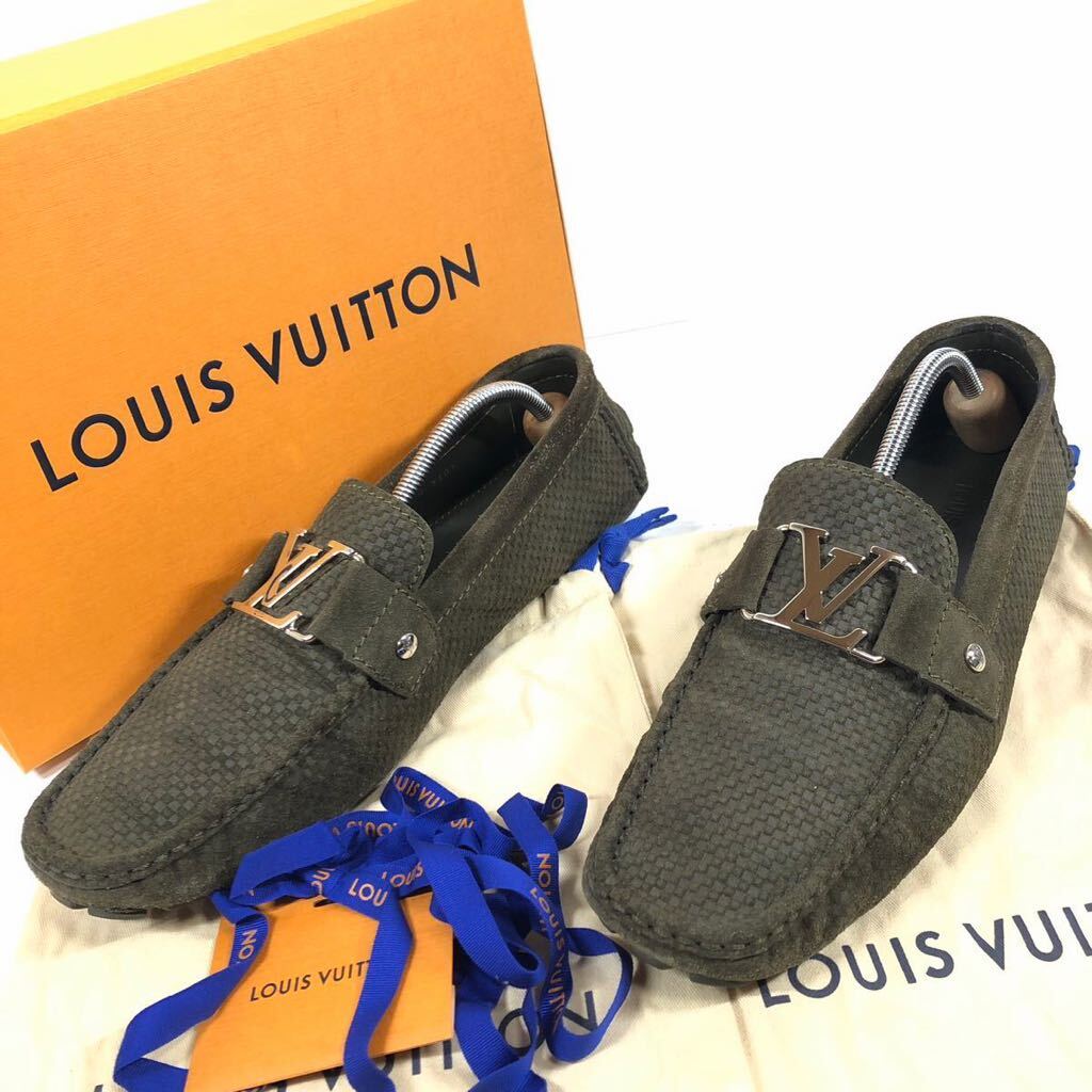 【ルイヴィトン】本物 LOUIS VUITTON 靴 27.5cm モンテカルロ LV金具 ドライビングシューズ スリッポン スエード 紳士 メンズ 伊製 9 M 箱の画像1