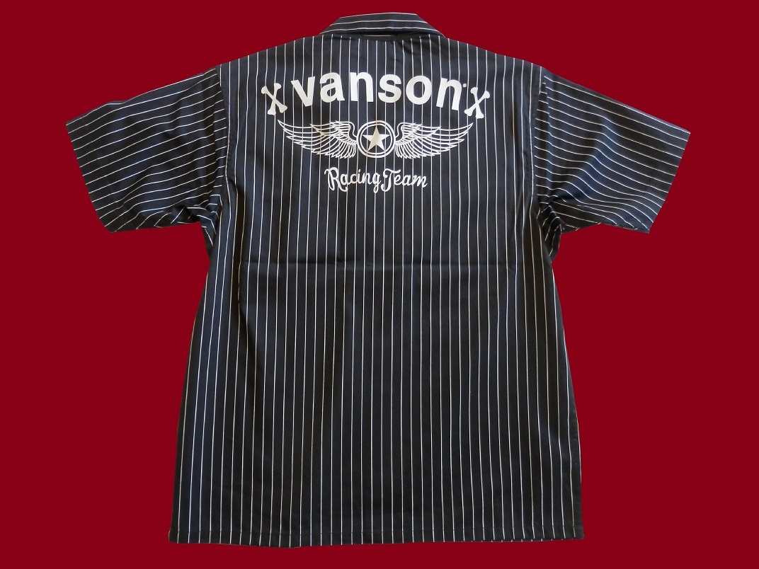 バンソン／vanson／Lサイズ／半袖シャツ／NVSS-2305／ブラック／新品／送料無料／バイカー／ストライプ／TCツイル／オープンカラー