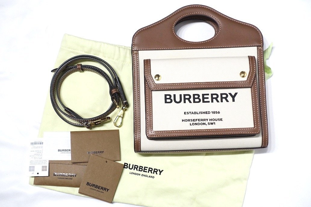 定価17.8万 新品未使用 BURBERRY バーバリー ツートン ミニ ポケットバッグ 2WAY トート ショルダーバッグ 80393611 キャンバス×レザー_画像1