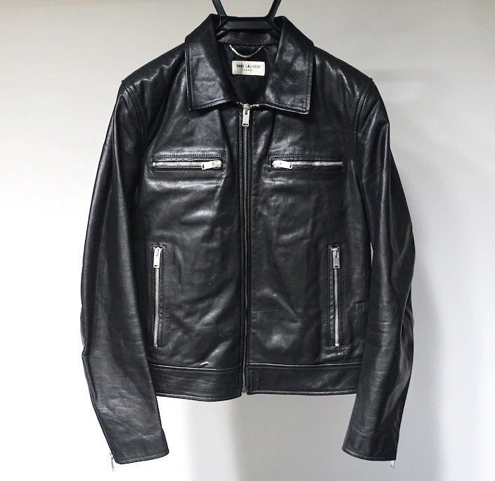 14AW 定価50万 美品 SAINT LAURENT PARIS サンローラン カーフレザー パファー ライダース ジャケット 361845 エディ期 ブラック メンズ 48の画像1