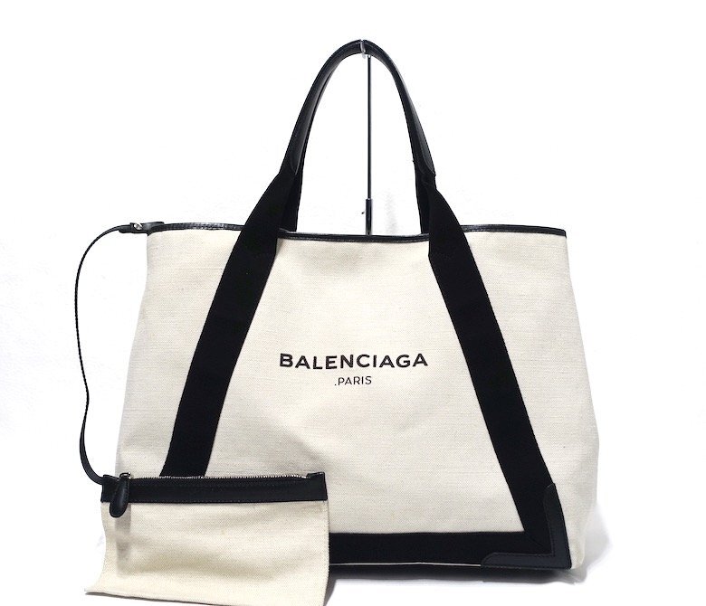  прекрасный товар BALENCIAGA Balenciaga темно-синий бегемот sM большая вместимость сумка есть сумка на плечо 339936 парусина × кожа белый × черный 