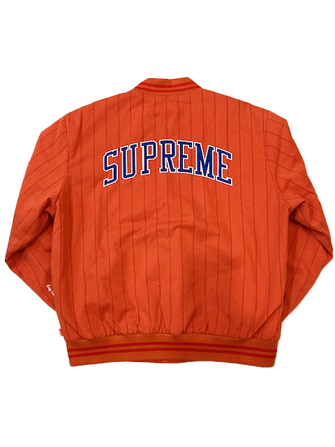 19ss SUPREME Pinstripe Varsity Jacket シュプリーム 最高 ピンストライプ スタジャン オレンジ L ジャケット ブルゾン_画像2