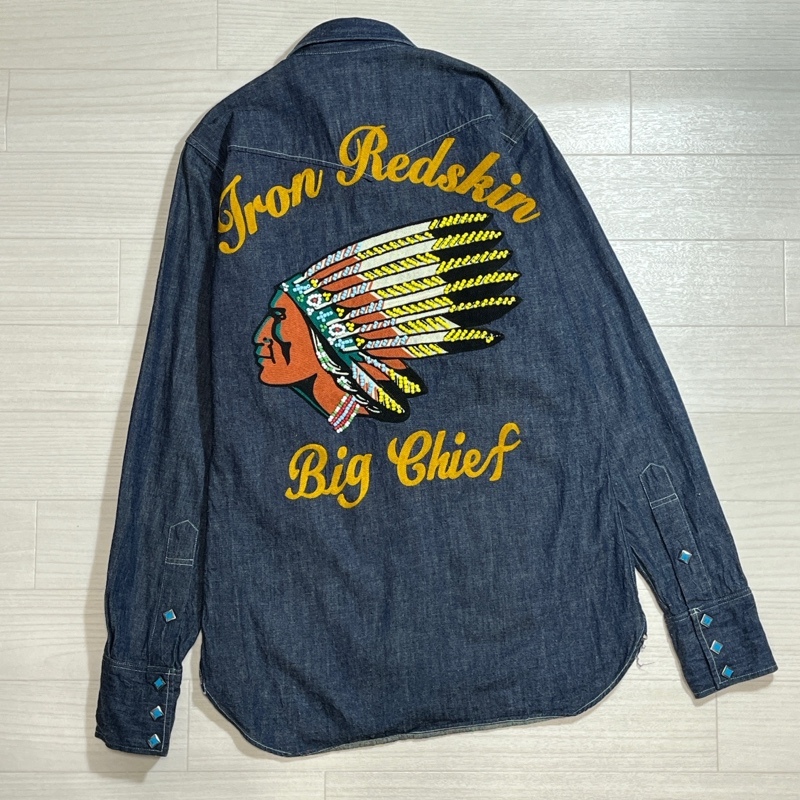 Indian Motorcycle/インディアン モーターサイクル/Iron Redskin Big Chief/サガラ刺繍×ビーズデザイン/デニムウエスタンシャツ/マチ付き_画像1