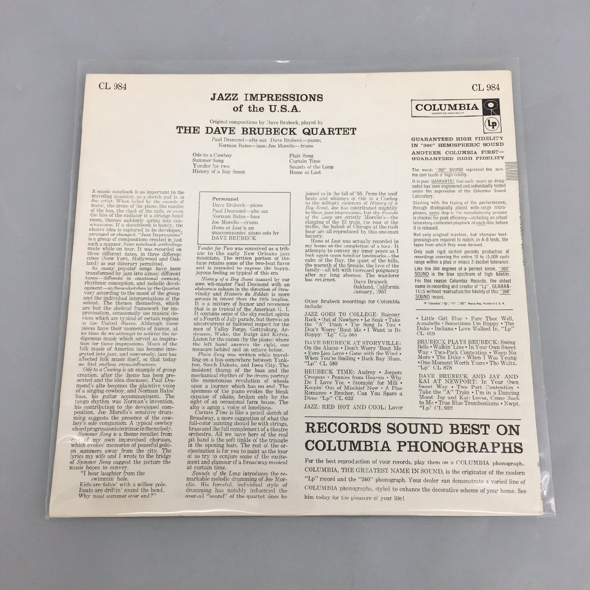 LPレコード The Dave Brubeck Quartet Jazz Impressions Of The U.S.A. CL984 6EYE モノラル盤 2403LO081の画像2