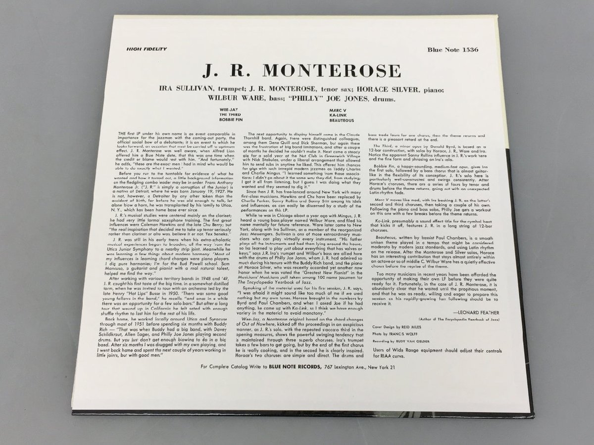 J.R. Monterose BLUE NOTE 1536 LPレコードジャケット ライナーのみ 2402LO135の画像2
