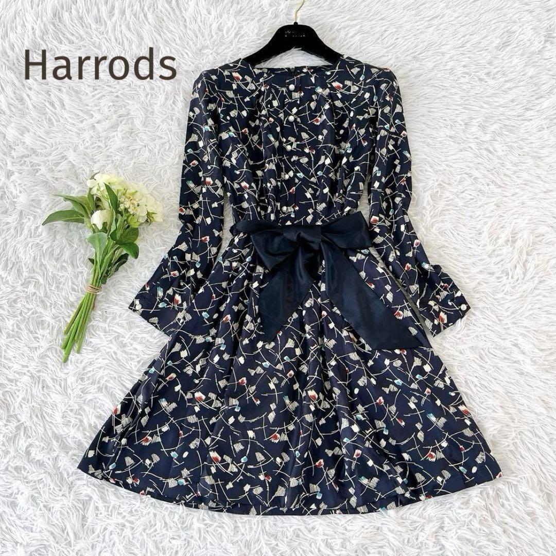 美品☆Harrods☆ハロッズ　花柄パールボタンリボン 長袖ワンピース ネイビー サイズ1_画像1