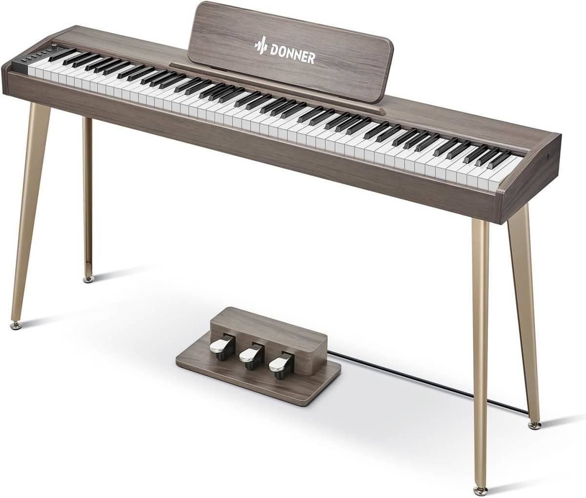 送料無料 Donner 電子ピアノ 88鍵盤 木製 DDP-60 グレー タッチ MIDI対応 3本ペダル スタンド アダプター付 コンパクト 日本語取扱説明書