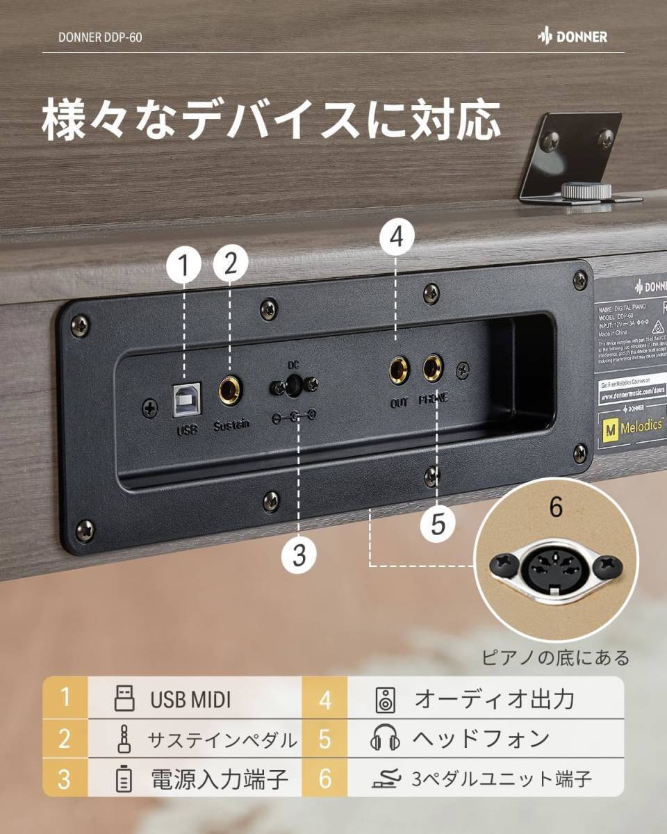 Donner 電子ピアノ 88鍵盤 木製 DDP-60 グレー タッチ MIDI対応 3本ペダル スタンド アダプター付 コンパクト 日本語取扱説明書 新品未使用_画像6